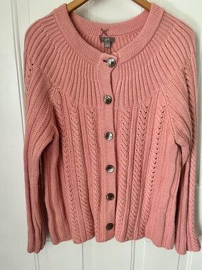 J. Jill Women's XL Vintage Pink Angora Blend Cable Knit Cardigan Sweater Warm